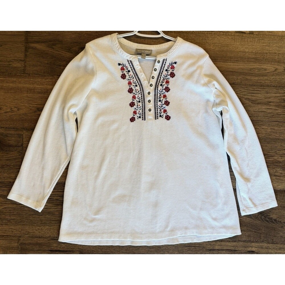 Woman Within 1X 22/24 White Floral Embroidered Waffle Knit Henley Top